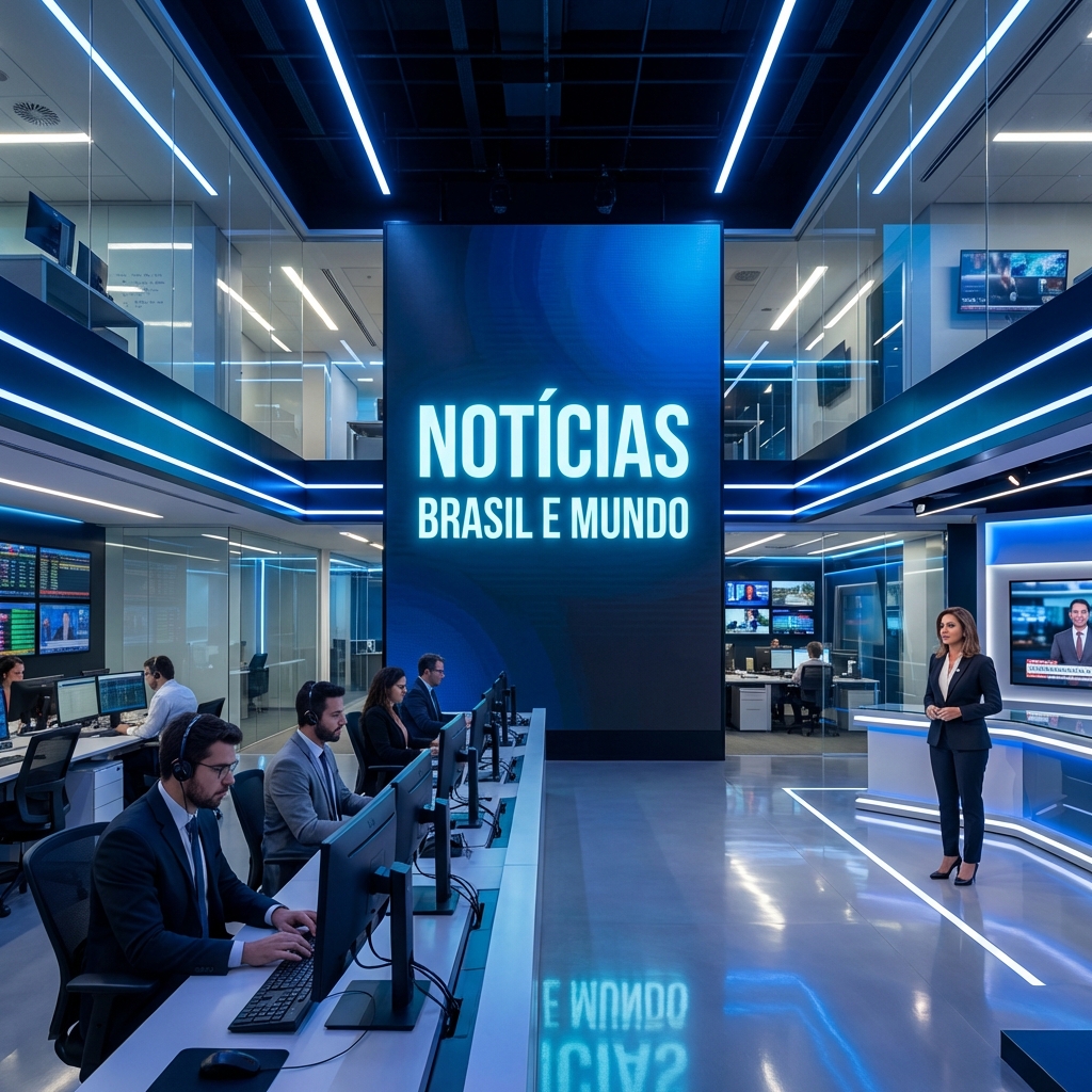 Redação de notícias moderna com painel Notícias Brasil e Mundo